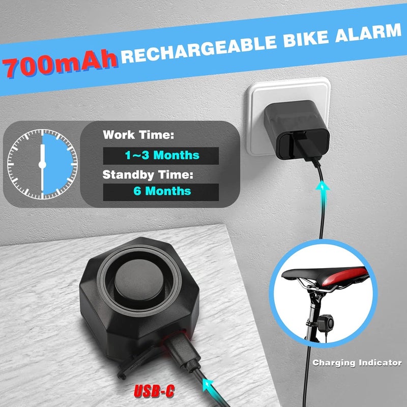 wsdcam USB Rechargeable Bike Alarm with Remote, 110dB Loud Wireless Anti Theft Vibration Motion Sensor Vehicle Security Alarm System Waterproof Bicycle Trailer Motorcycle Alarm - 2 Pack - Image 2